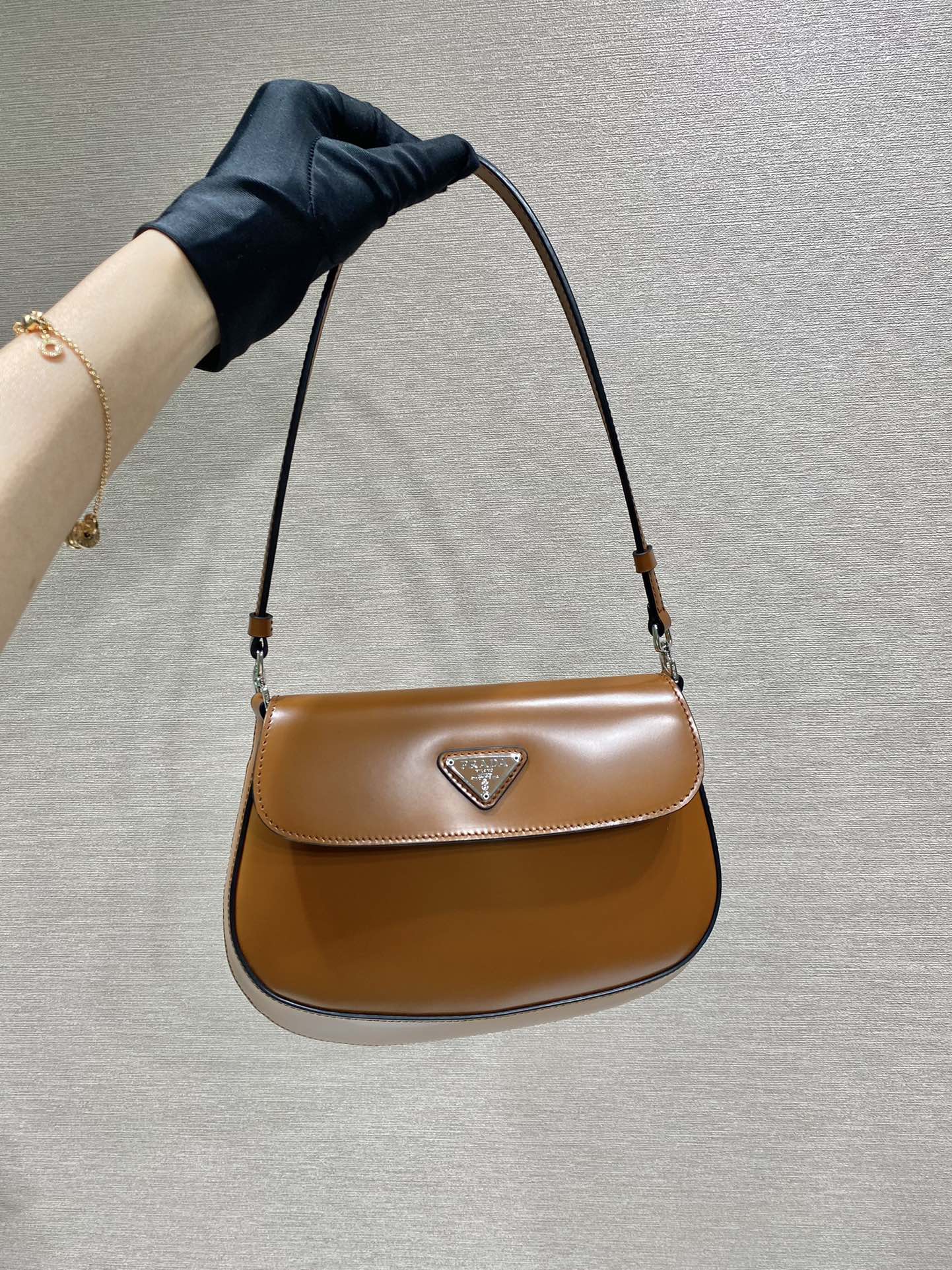 Prada Cleo Brushed Leather Shoulder Bag With Flap Brown 1BD311